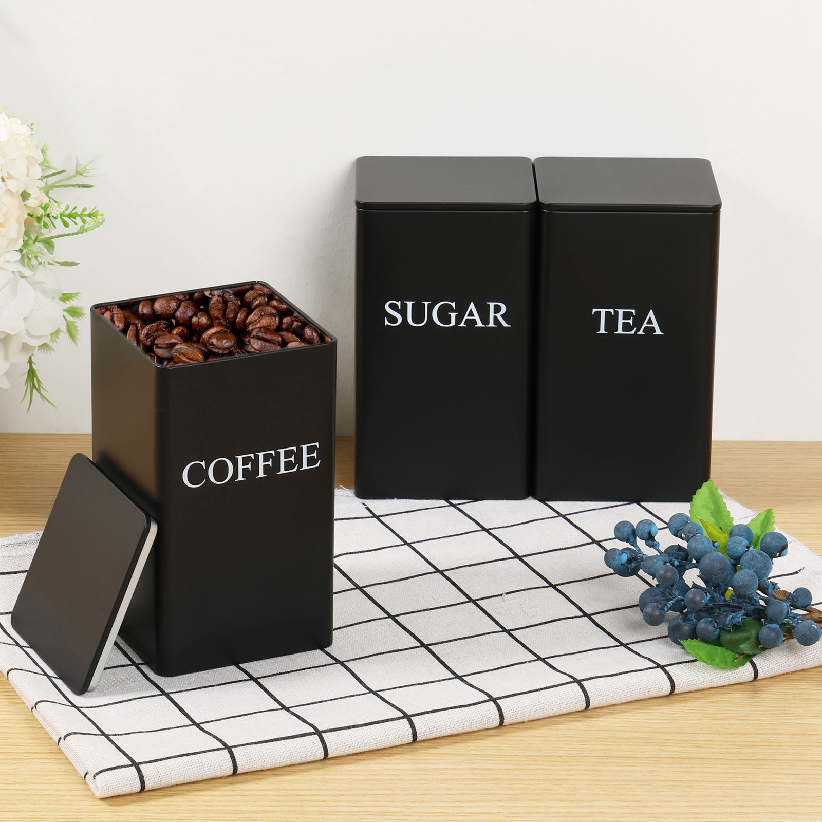 Coffee Tea Sugar Canisters - 3 buah kaleng penyimpanan biji kopi,