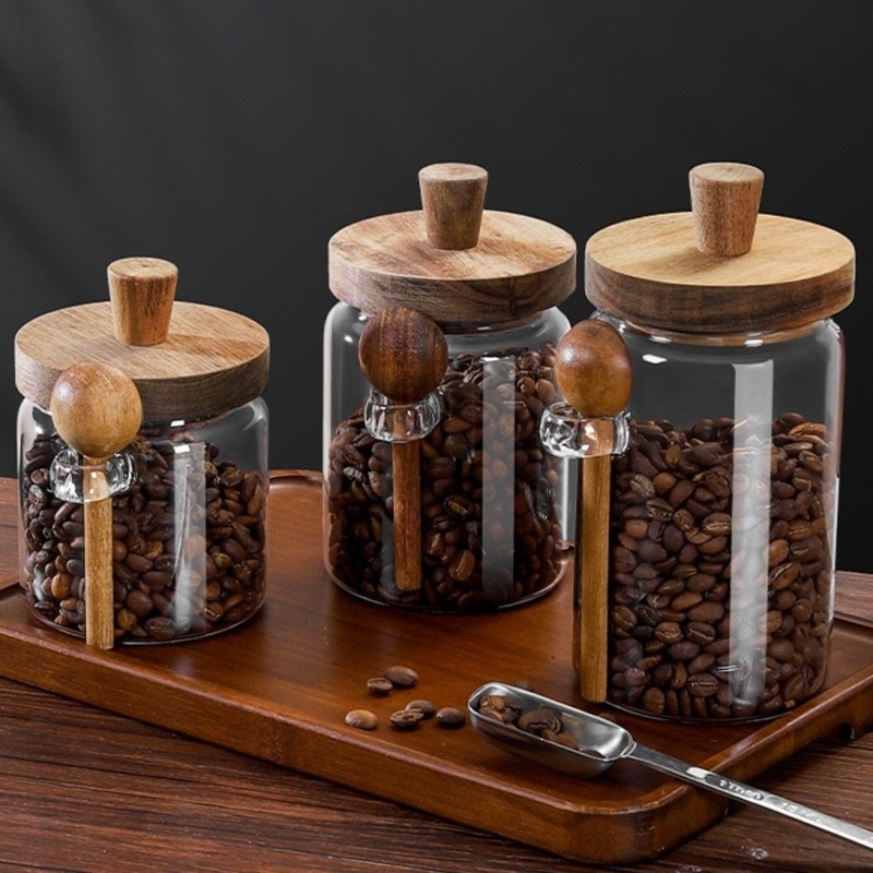 Coffee Tea Sugar Canisters - Set Wadah Penyimpanan Kaca ABJI-Glass Jar